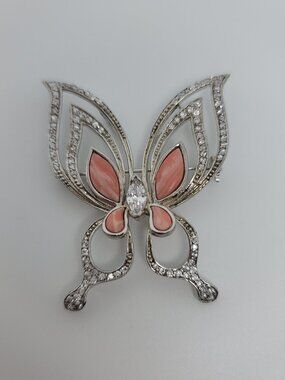 Synthetic Coral, Diamonds & Sterling Butterfly Pendant/Brooch